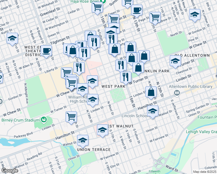 map of restaurants, bars, coffee shops, grocery stores, and more near 222 North 16th Street in Allentown