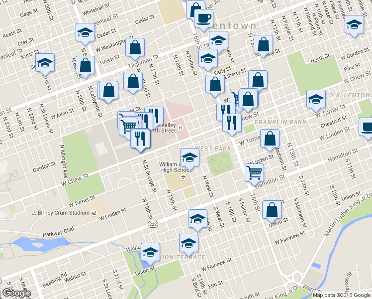 map of restaurants, bars, coffee shops, grocery stores, and more near in Allentown