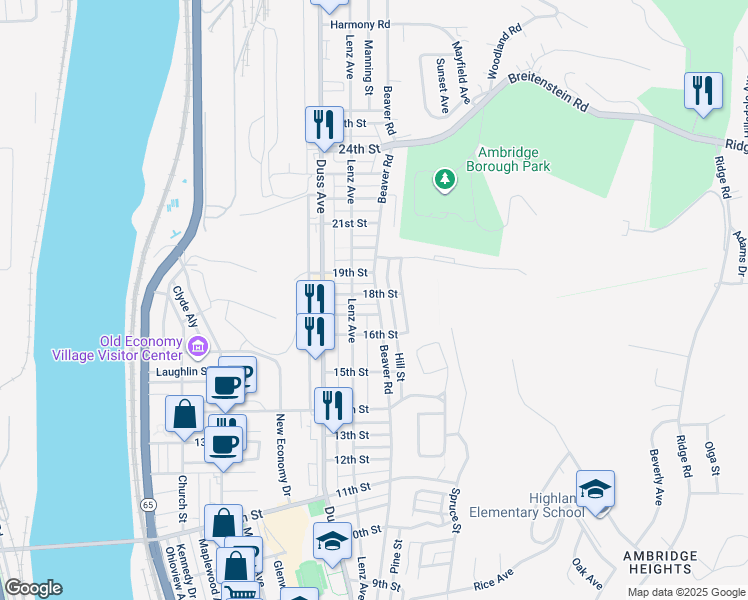 map of restaurants, bars, coffee shops, grocery stores, and more near 812 18th Street in Ambridge