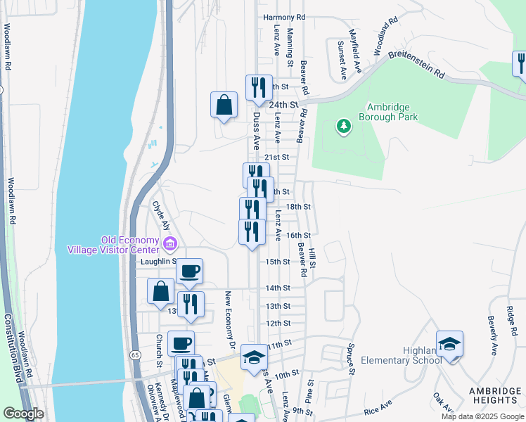 map of restaurants, bars, coffee shops, grocery stores, and more near 1800 Duss Avenue in Ambridge