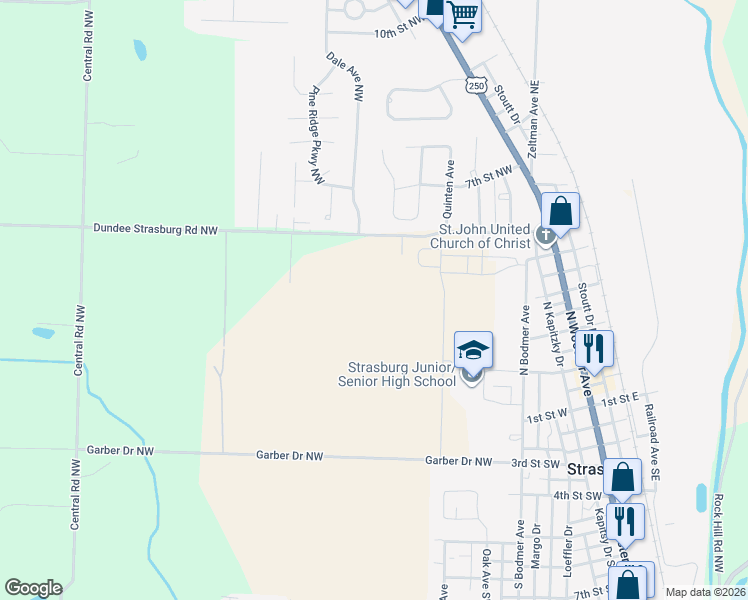 map of restaurants, bars, coffee shops, grocery stores, and more near in Strasburg