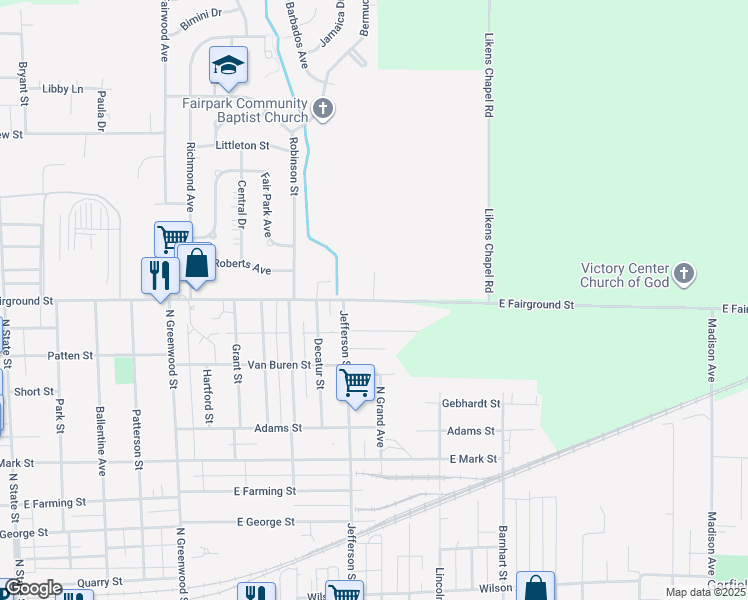 map of restaurants, bars, coffee shops, grocery stores, and more near 760 East Fairground Street in Marion