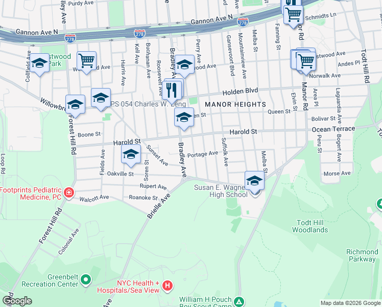 map of restaurants, bars, coffee shops, grocery stores, and more near 195 Wellbrook Avenue in Staten Island