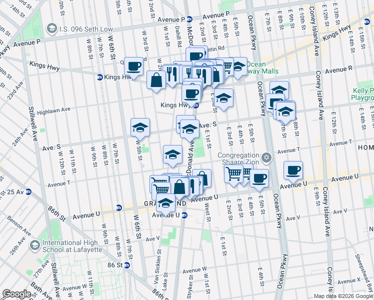 map of restaurants, bars, coffee shops, grocery stores, and more near 2138 McDonald Avenue in Brooklyn