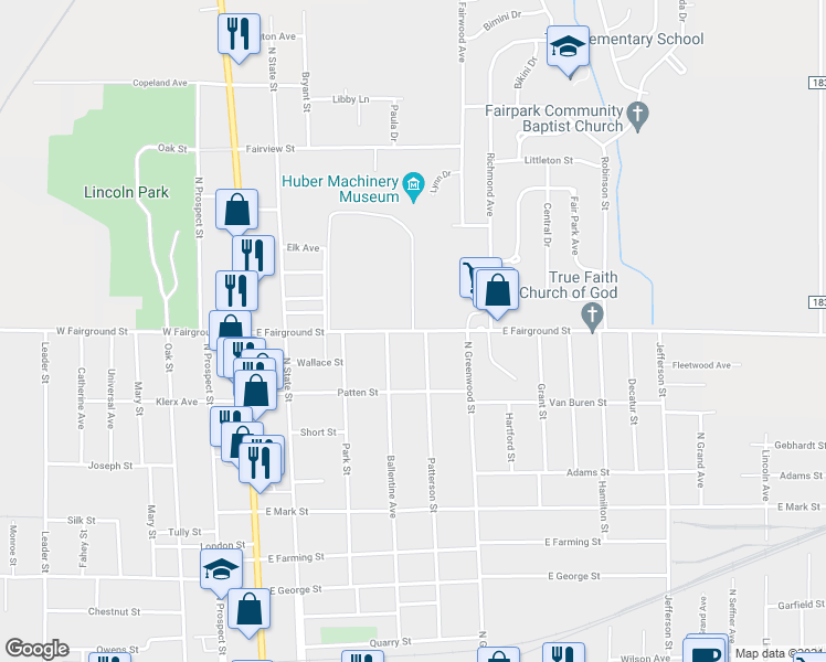 map of restaurants, bars, coffee shops, grocery stores, and more near 300 East Fairground Road in Marion