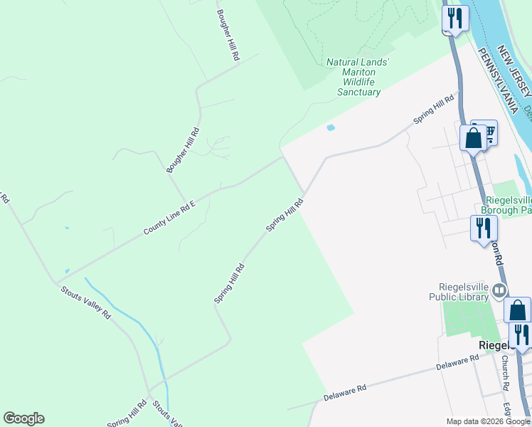 map of restaurants, bars, coffee shops, grocery stores, and more near 820 Spring Hill Road in Riegelsville