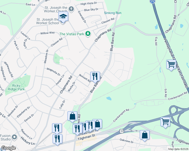 map of restaurants, bars, coffee shops, grocery stores, and more near 1417 Chippewa Drive in Allentown