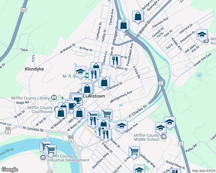 map of restaurants, bars, coffee shops, grocery stores, and more near 65 Chestnut Street in Lewistown
