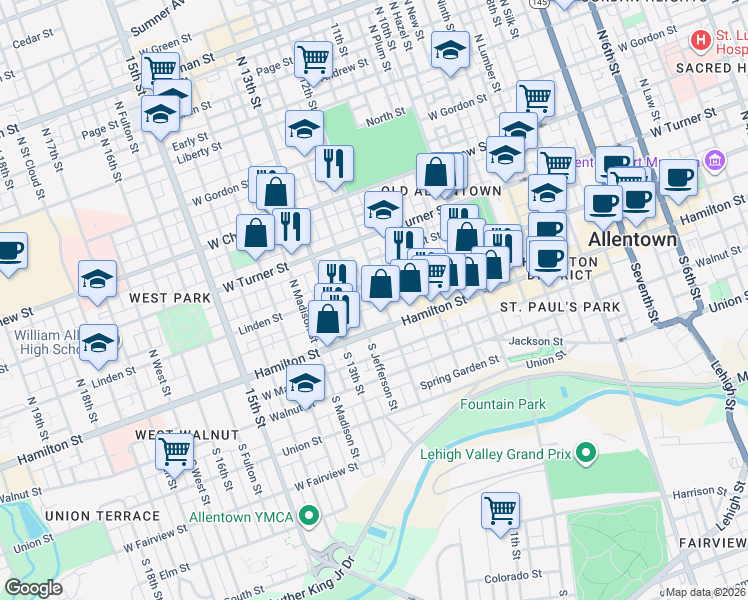map of restaurants, bars, coffee shops, grocery stores, and more near in Allentown