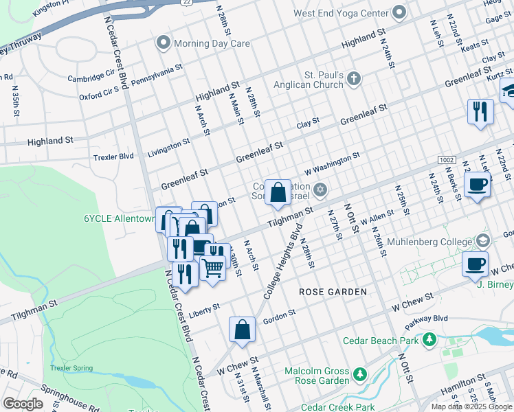 map of restaurants, bars, coffee shops, grocery stores, and more near 735 North 29th Street in Allentown