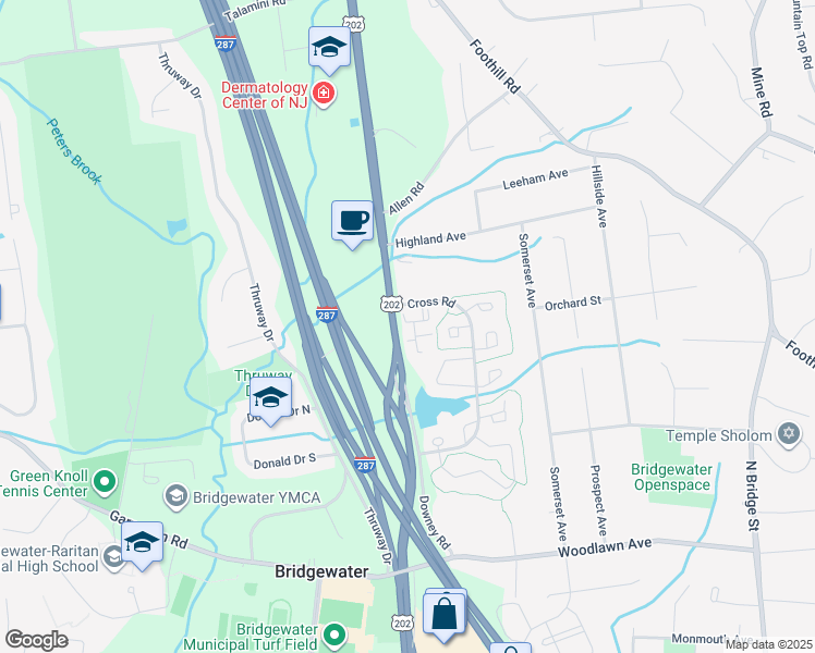 map of restaurants, bars, coffee shops, grocery stores, and more near 17 Cain Court in Bridgewater Township