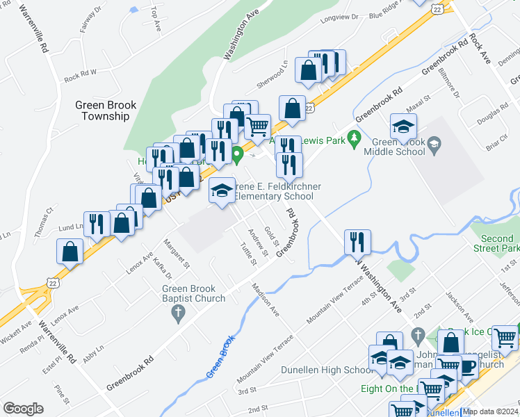 map of restaurants, bars, coffee shops, grocery stores, and more near 7 Park Avenue in Green Brook Township
