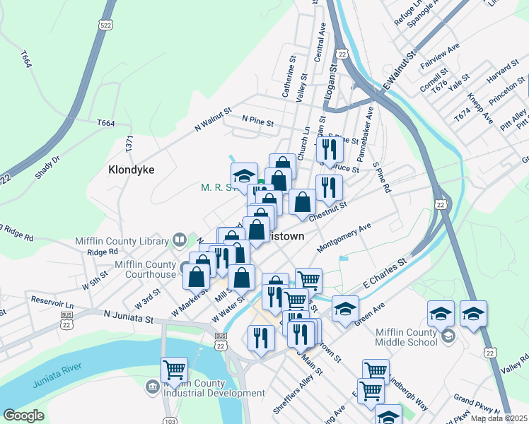 map of restaurants, bars, coffee shops, grocery stores, and more near 212 East 3rd Street in Lewistown