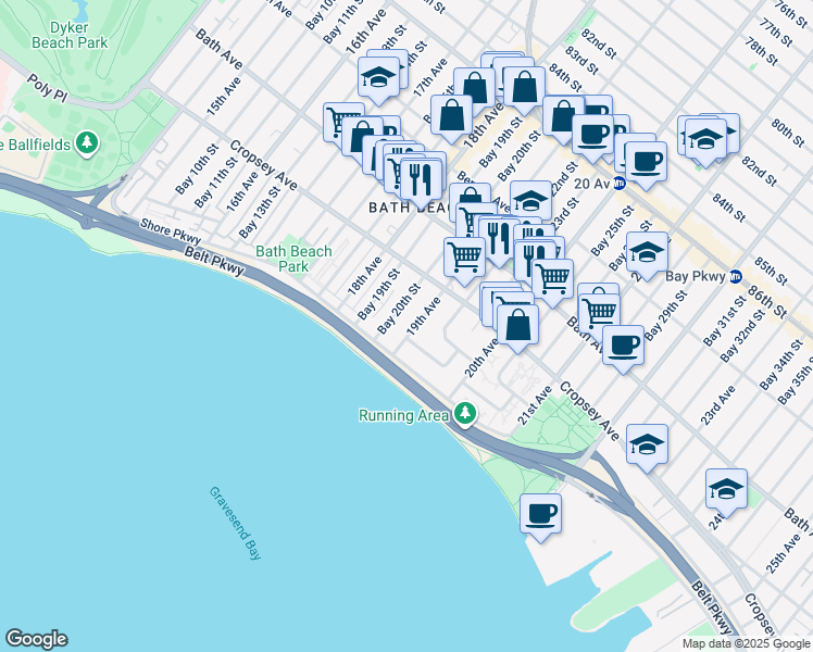 map of restaurants, bars, coffee shops, grocery stores, and more near 8892 19th Avenue in Brooklyn