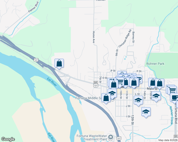 map of restaurants, bars, coffee shops, grocery stores, and more near 510 P Street in Fortuna