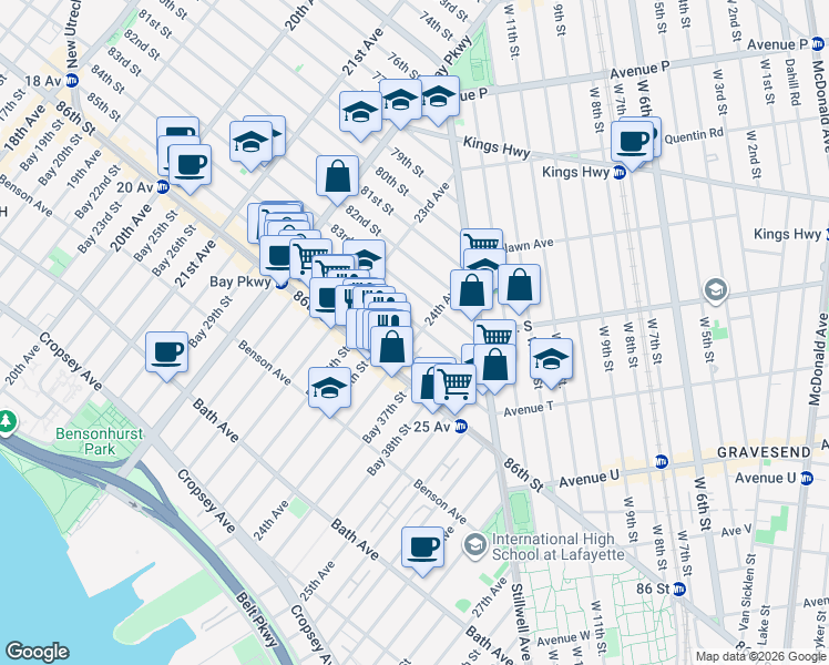 map of restaurants, bars, coffee shops, grocery stores, and more near 2367 86th Street in Brooklyn