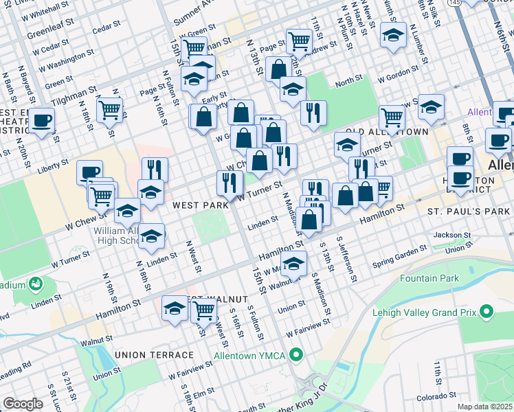 map of restaurants, bars, coffee shops, grocery stores, and more near 1414 Newton Street in Allentown