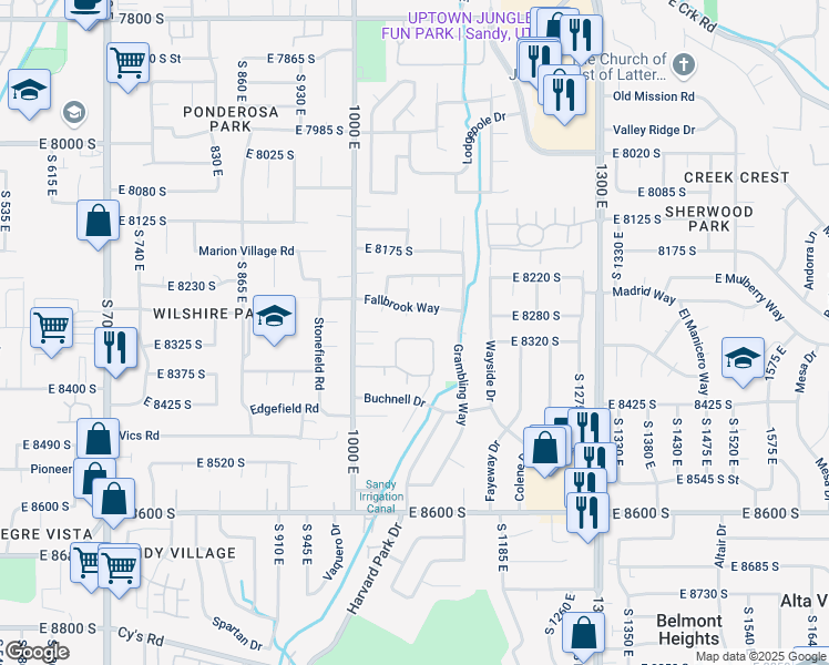 map of restaurants, bars, coffee shops, grocery stores, and more near 1075 East 8320 South in Sandy