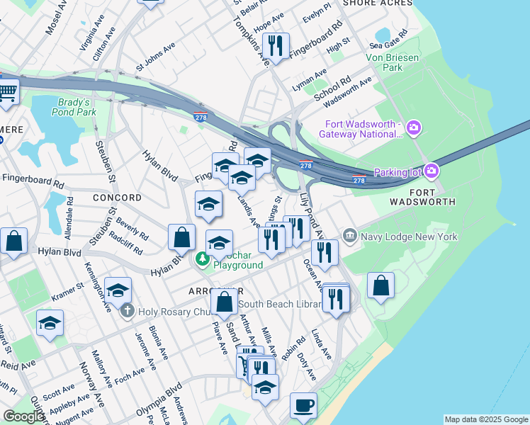 map of restaurants, bars, coffee shops, grocery stores, and more near 29 Hastings Street in Staten Island