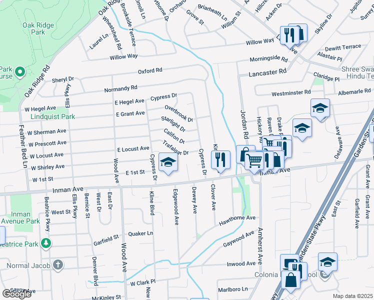 map of restaurants, bars, coffee shops, grocery stores, and more near 22 Trafalgar Drive in Woodbridge Township