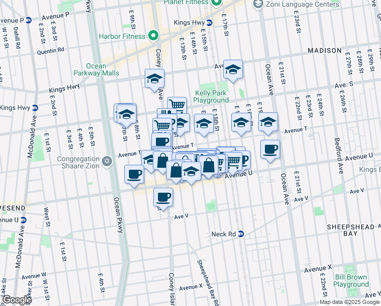 map of restaurants, bars, coffee shops, grocery stores, and more near 2012 East 13th Street in Brooklyn