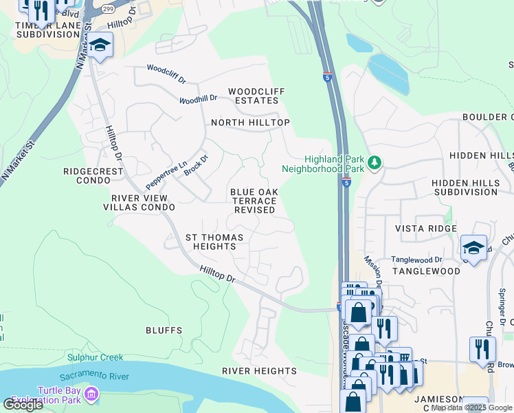 map of restaurants, bars, coffee shops, grocery stores, and more near 663 Alamine Drive in Redding