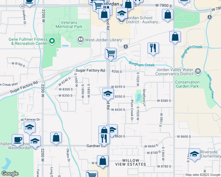 map of restaurants, bars, coffee shops, grocery stores, and more near 1689 West 8295 South in West Jordan