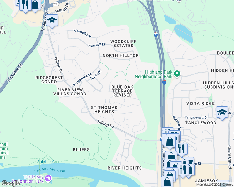 map of restaurants, bars, coffee shops, grocery stores, and more near 635 Alamine Drive in Redding