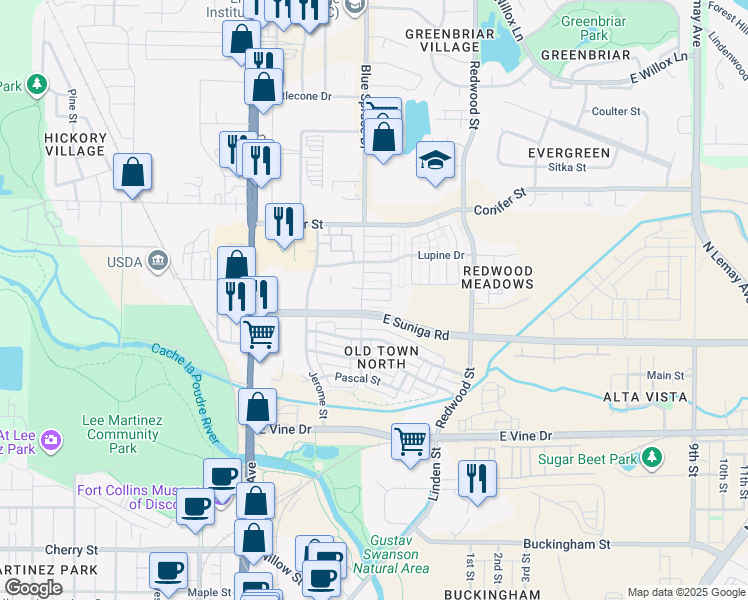 map of restaurants, bars, coffee shops, grocery stores, and more near LA Garita Lane in Fort Collins