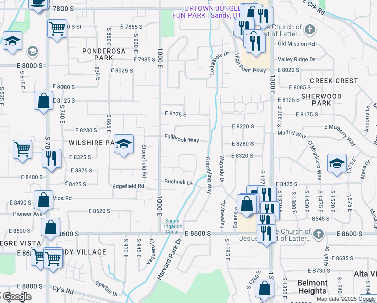 map of restaurants, bars, coffee shops, grocery stores, and more near 1077 East 8320 South in Sandy