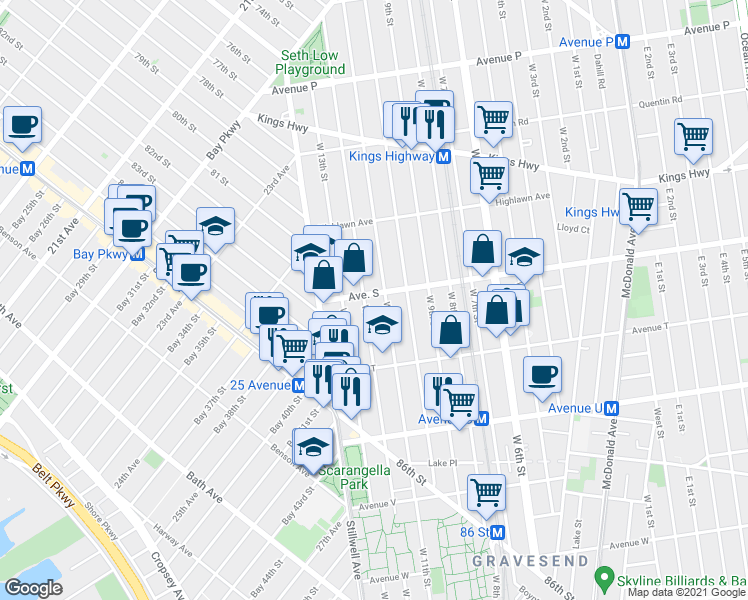 map of restaurants, bars, coffee shops, grocery stores, and more near 60 Avenue S in Brooklyn