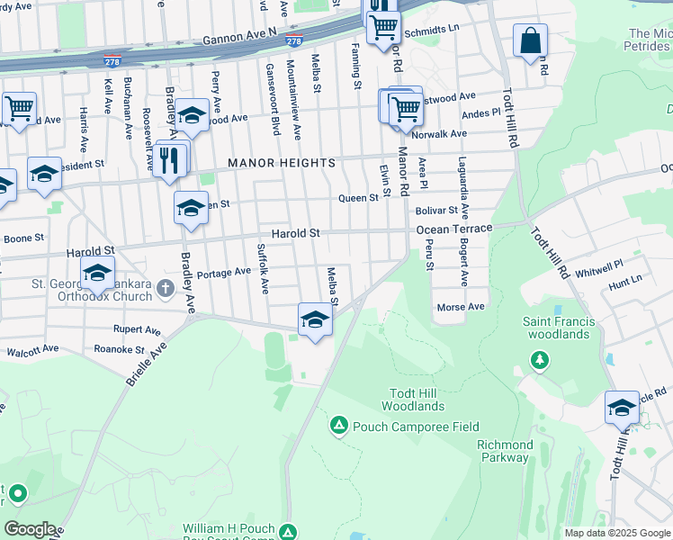 map of restaurants, bars, coffee shops, grocery stores, and more near 94 Portage Avenue in Staten Island