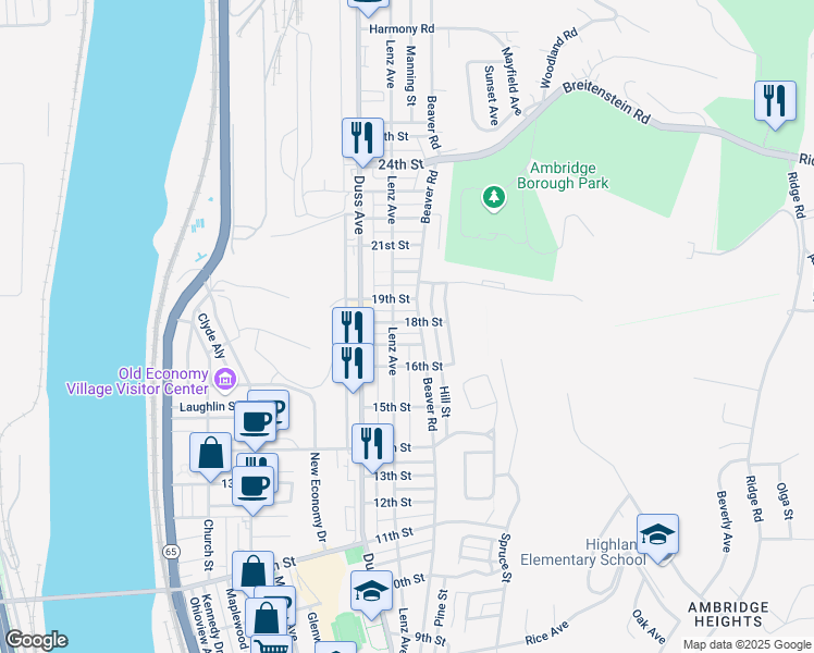 map of restaurants, bars, coffee shops, grocery stores, and more near 812 18th Street in Ambridge