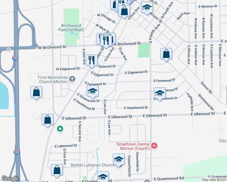 map of restaurants, bars, coffee shops, grocery stores, and more near South Lee Avenue in Morton