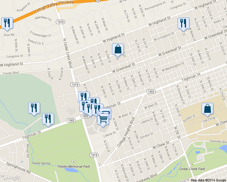 map of restaurants, bars, coffee shops, grocery stores, and more near 2922 West Washington Street in Allentown