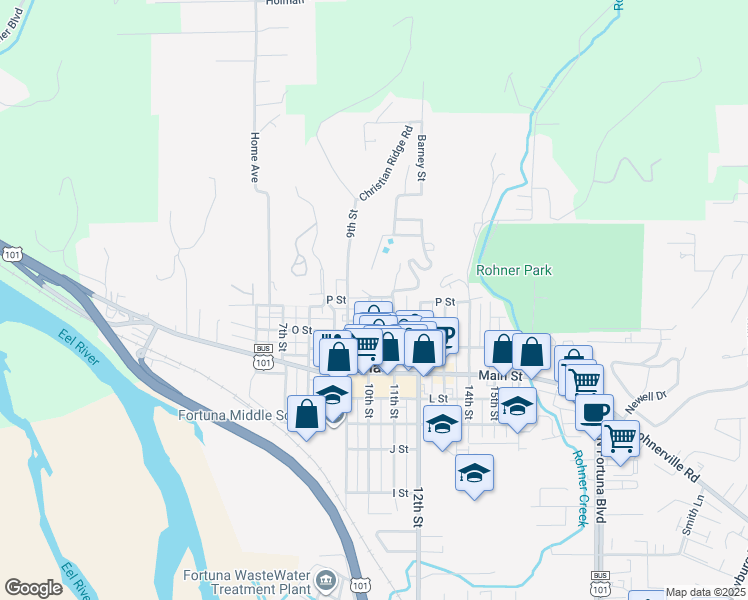 map of restaurants, bars, coffee shops, grocery stores, and more near 959 10th Street in Fortuna
