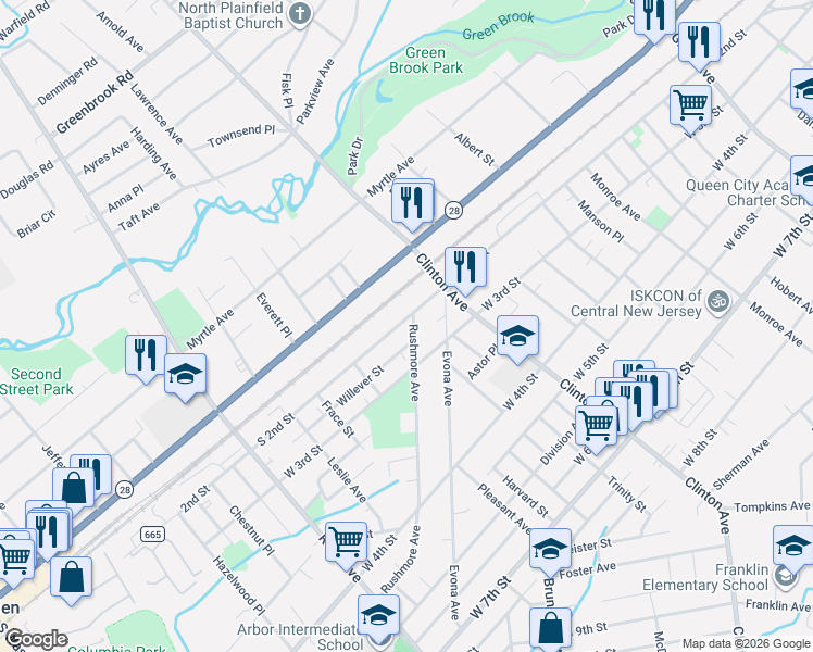 map of restaurants, bars, coffee shops, grocery stores, and more near 1337 South 2nd Street in Plainfield