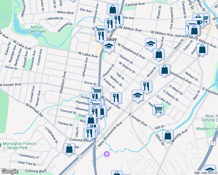 map of restaurants, bars, coffee shops, grocery stores, and more near 606 Bryant Street in Rahway
