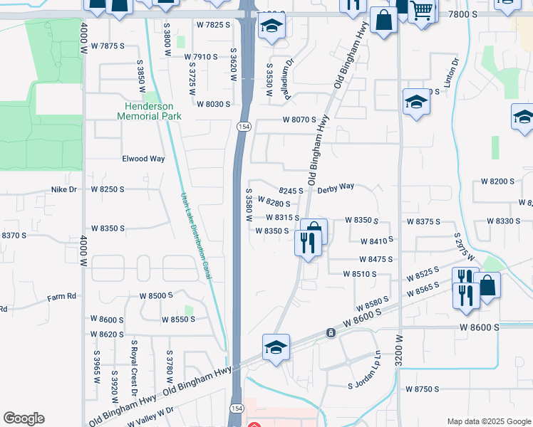 map of restaurants, bars, coffee shops, grocery stores, and more near 3530 West 8315 South in West Jordan