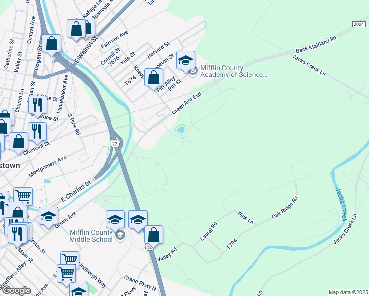 map of restaurants, bars, coffee shops, grocery stores, and more near 157 Cambridge Lane in Lewistown