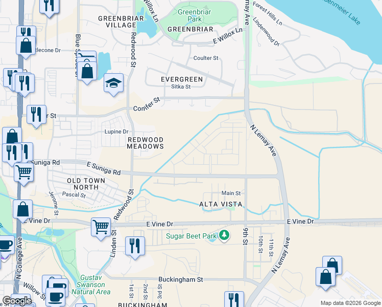 map of restaurants, bars, coffee shops, grocery stores, and more near 813 Martinez St in Fort Collins