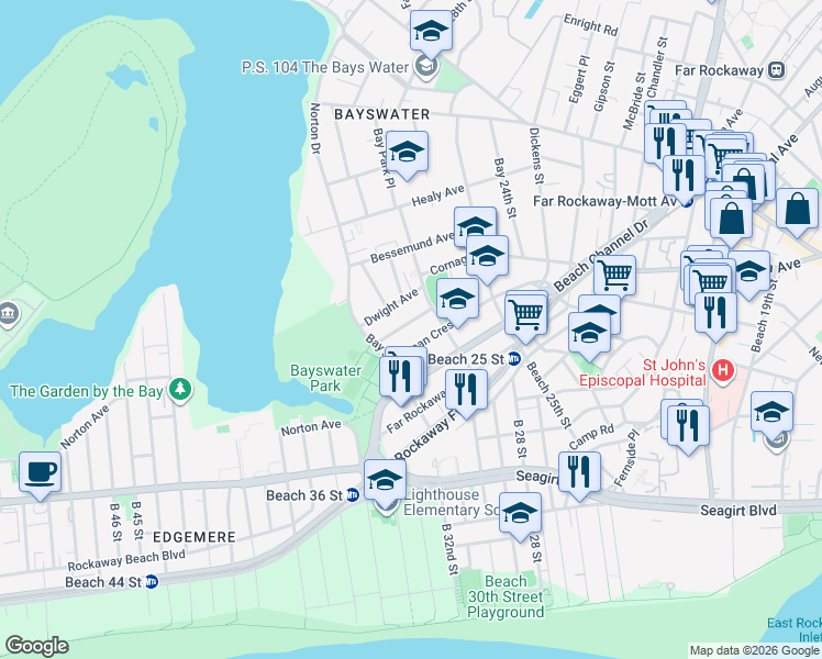 map of restaurants, bars, coffee shops, grocery stores, and more near 29-19 Falcon Avenue in Queens