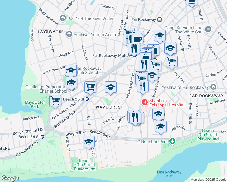map of restaurants, bars, coffee shops, grocery stores, and more near 6-10 Grassmere Terrace in Queens