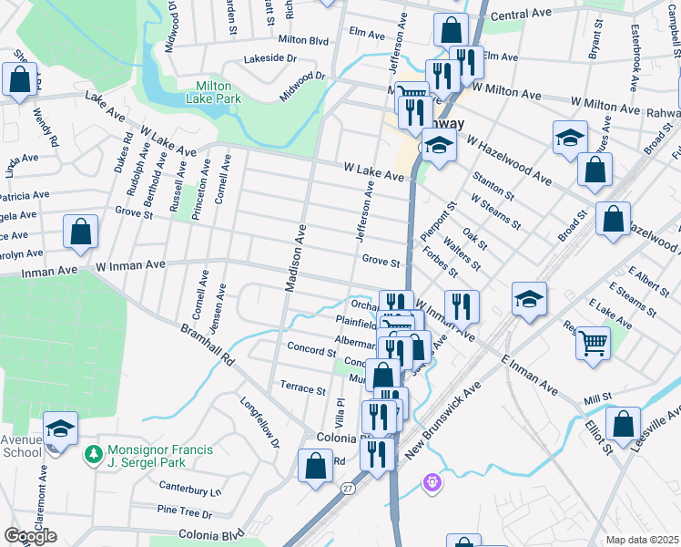 map of restaurants, bars, coffee shops, grocery stores, and more near 407 West Inman Avenue in Rahway