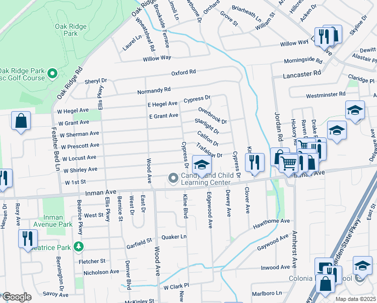map of restaurants, bars, coffee shops, grocery stores, and more near 306 Cypress Drive in Woodbridge Township