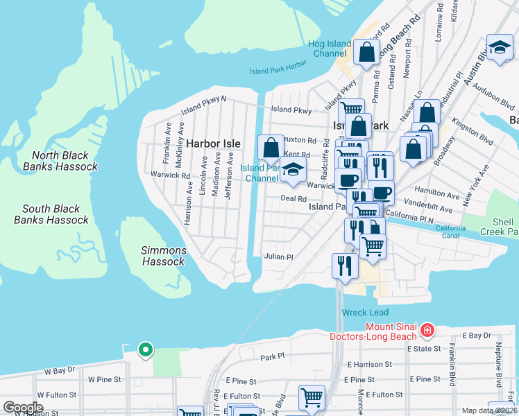 map of restaurants, bars, coffee shops, grocery stores, and more near 56 Suffolk Road in Island Park