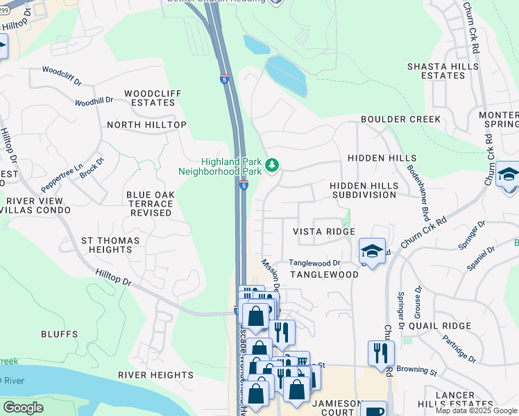 map of restaurants, bars, coffee shops, grocery stores, and more near 556 Mission De Oro Drive in Redding