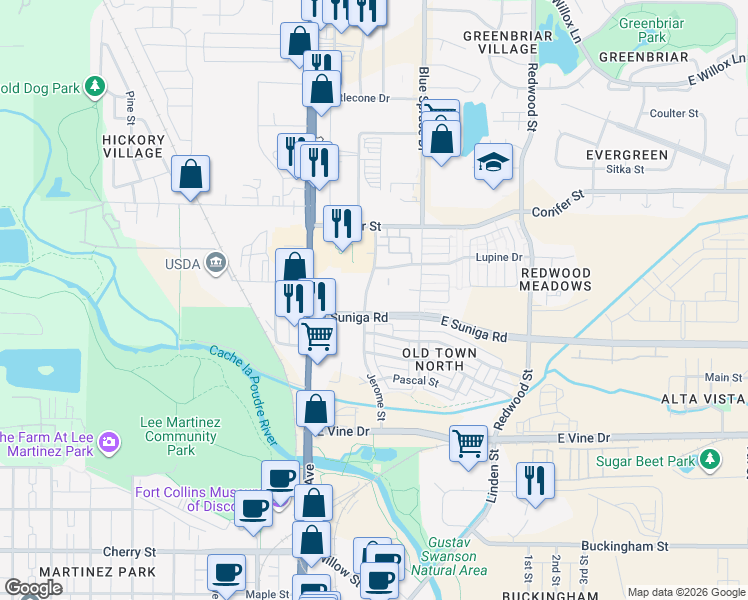 map of restaurants, bars, coffee shops, grocery stores, and more near 1044 Jerome Street in Fort Collins