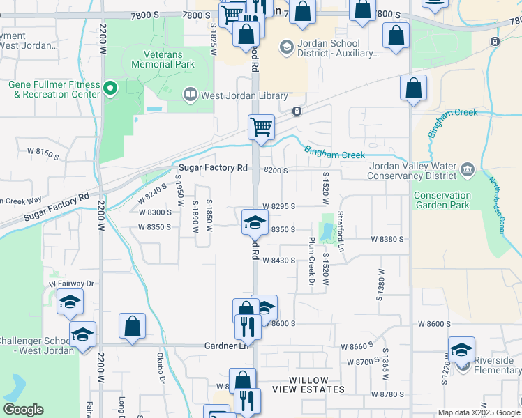 map of restaurants, bars, coffee shops, grocery stores, and more near 8300 South Redwood Road in West Jordan
