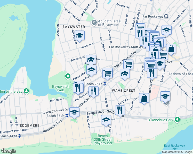 map of restaurants, bars, coffee shops, grocery stores, and more near 25-10 Beach Channel Drive in Queens